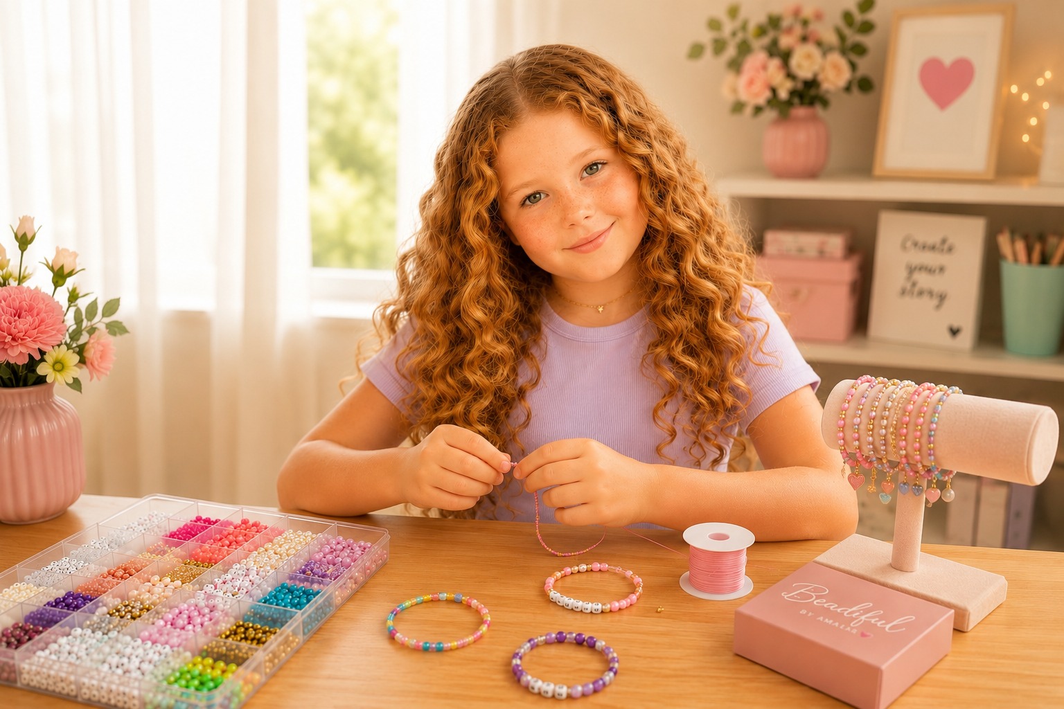 Amalia, age 10, beading a bracelet at her craft table