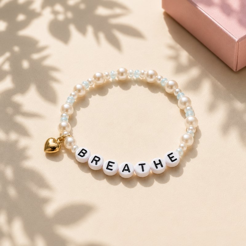Breathe Bracelet, pearls and pale-blue beads with a gold heart charm