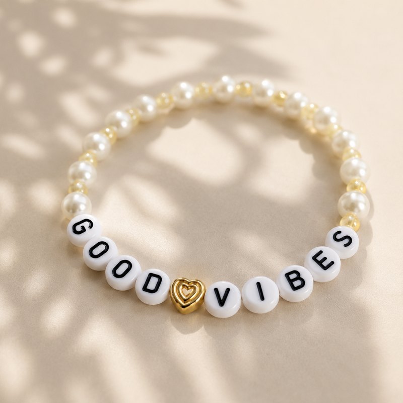 Good Vibes Bracelet, cream pearls with a gold heart charm