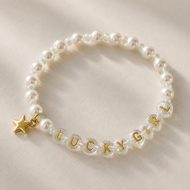 Lucky Girl Bracelet, white pearls and mint beads with a gold star charm