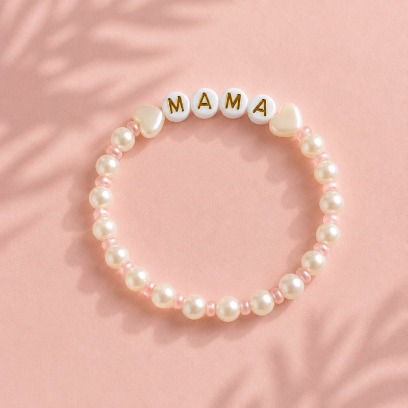 Mama Bracelet, cream and pink pearls with gold MAMA letters