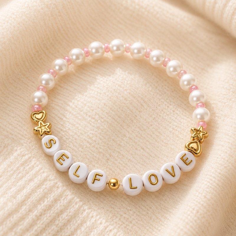 Self Love Bracelet, pearls and pink beads with gold star and heart charms